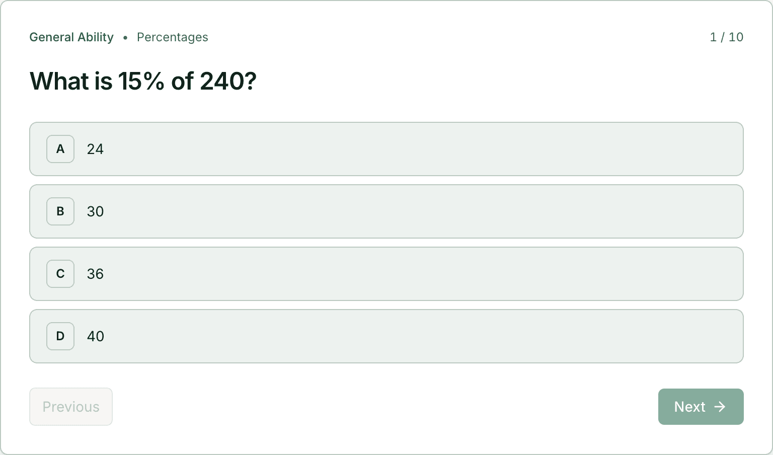 A clean CSS MPT practice screen with a timed multiple-choice question