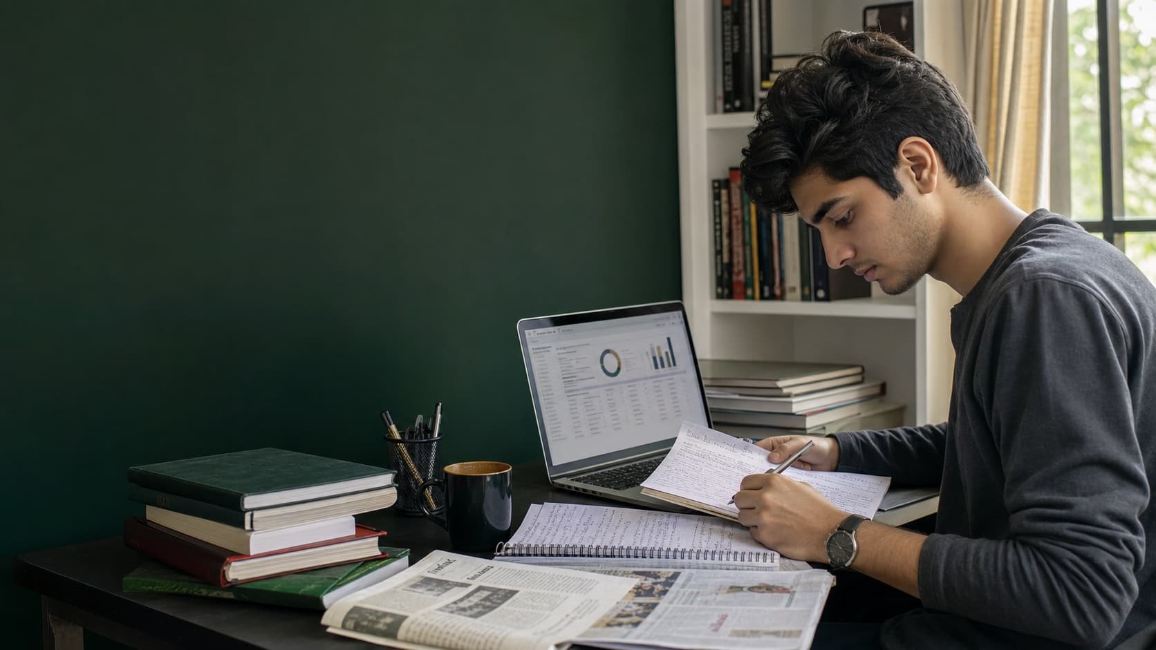 A CSS aspirant working with notes, current affairs, and a digital study plan