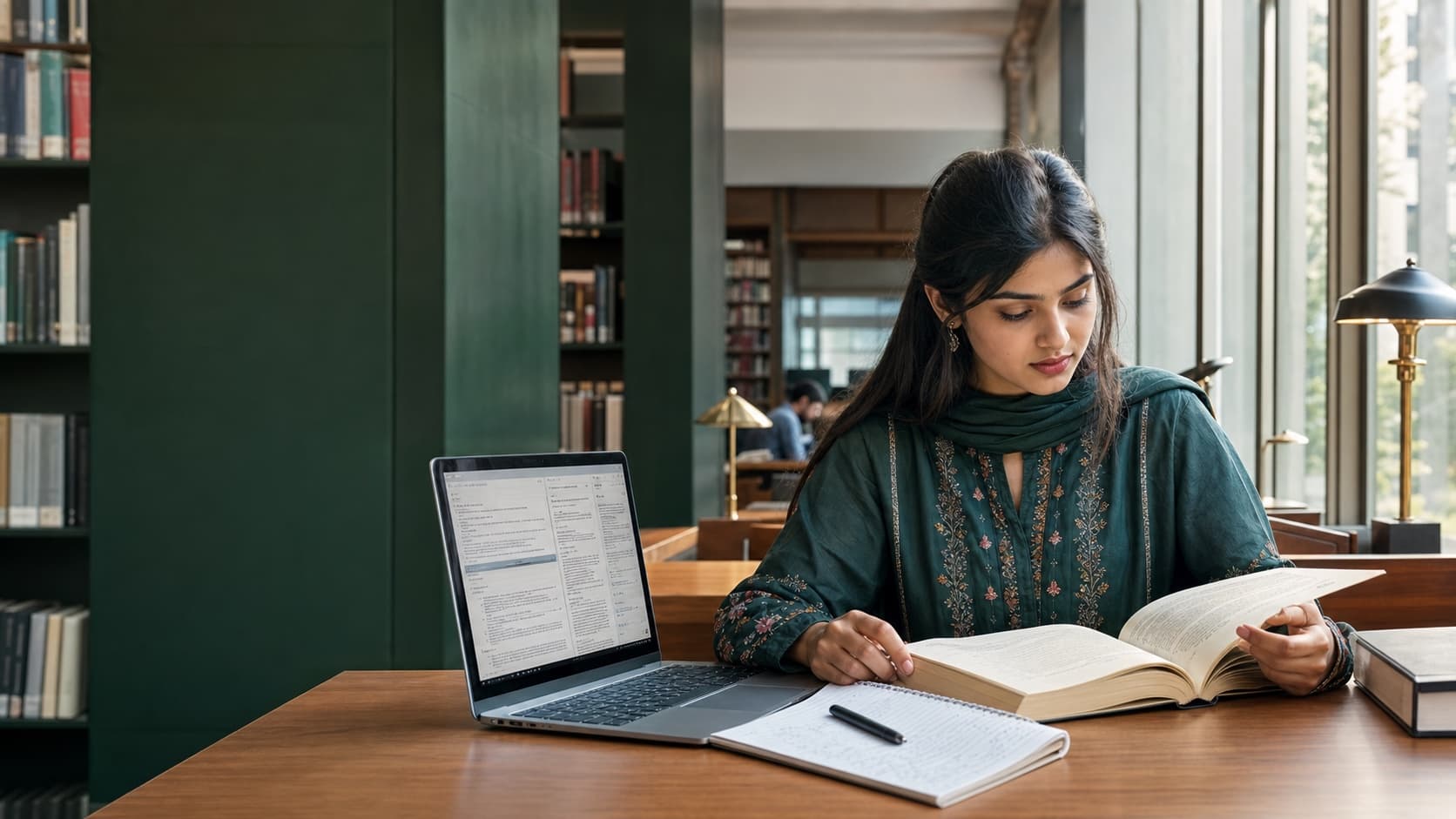 A Pakistani student comparing trusted source material with a digital research workspace