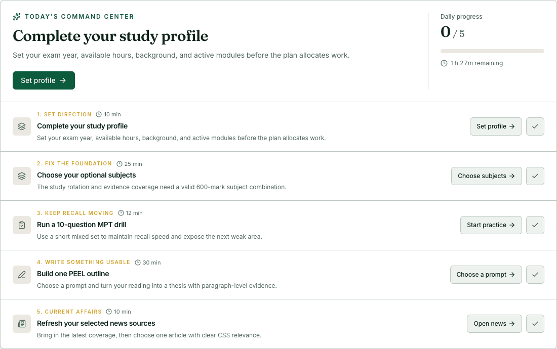 Zehaanat daily command screen showing a focused CSS study queue
