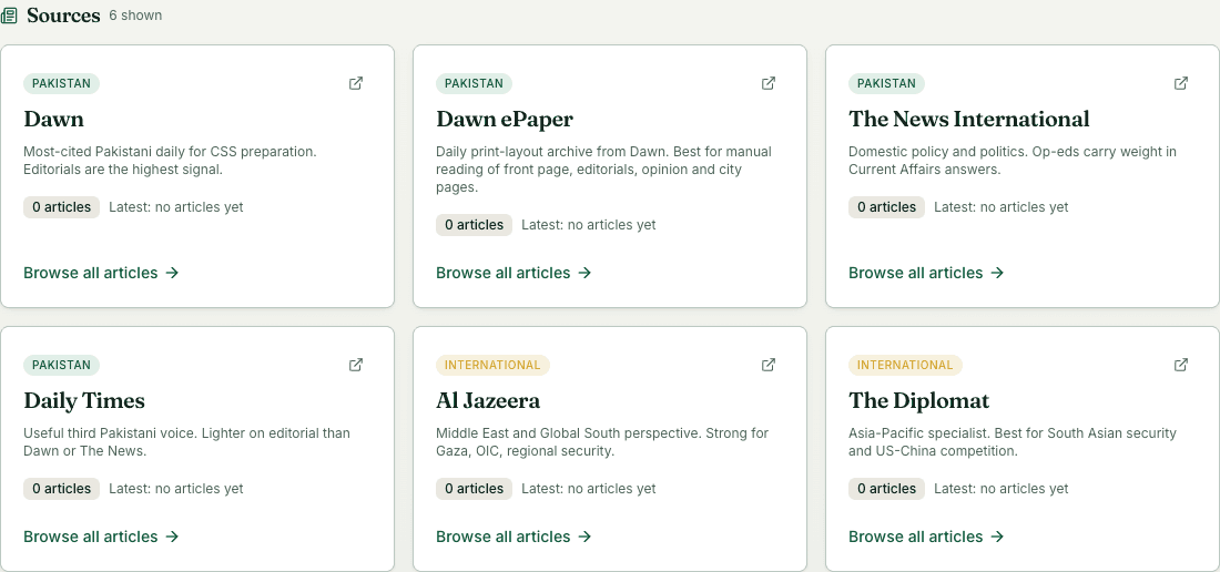Zehaanat current affairs workspace showing selectable news sources